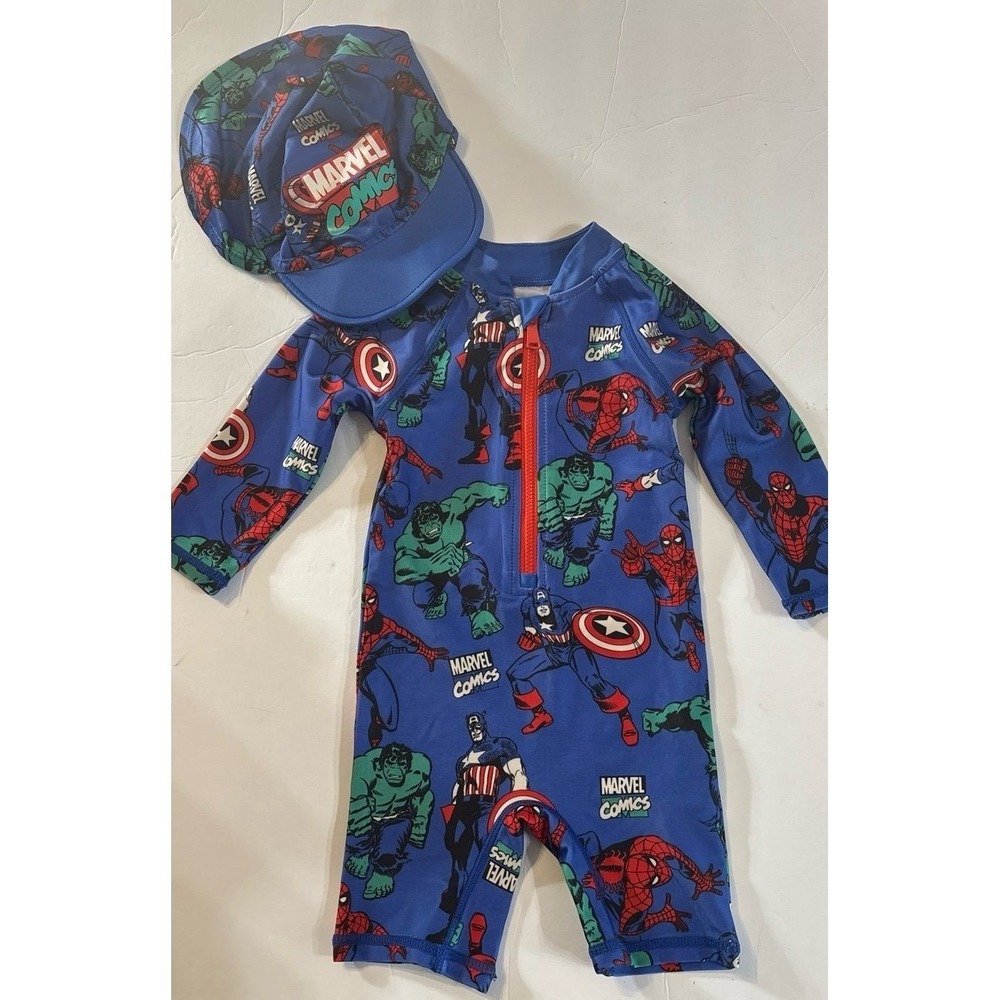 Marvel Superhero One Piece Swim Suit w/Sun hat (9-12M) Marvel Comics